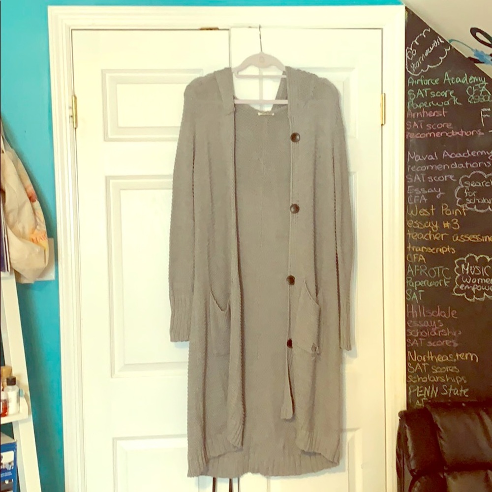 Long hooded grey cardigan